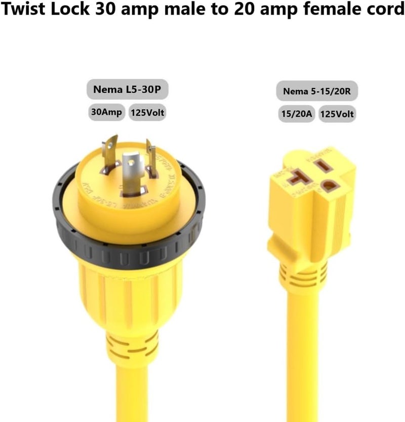 ADCAUDX 3FT 30-Amp to 20-Amp Marine-Shore Power-Adapter Cord, NEMA L5-30P to 5-15/20R, 10AWG 30Amp to 20Amp T Blade Marine Power Adaptor,Twist Lock 125V 30A to 20A/15A 110 Household outlet Pigtail for Boat,RV - Image 3